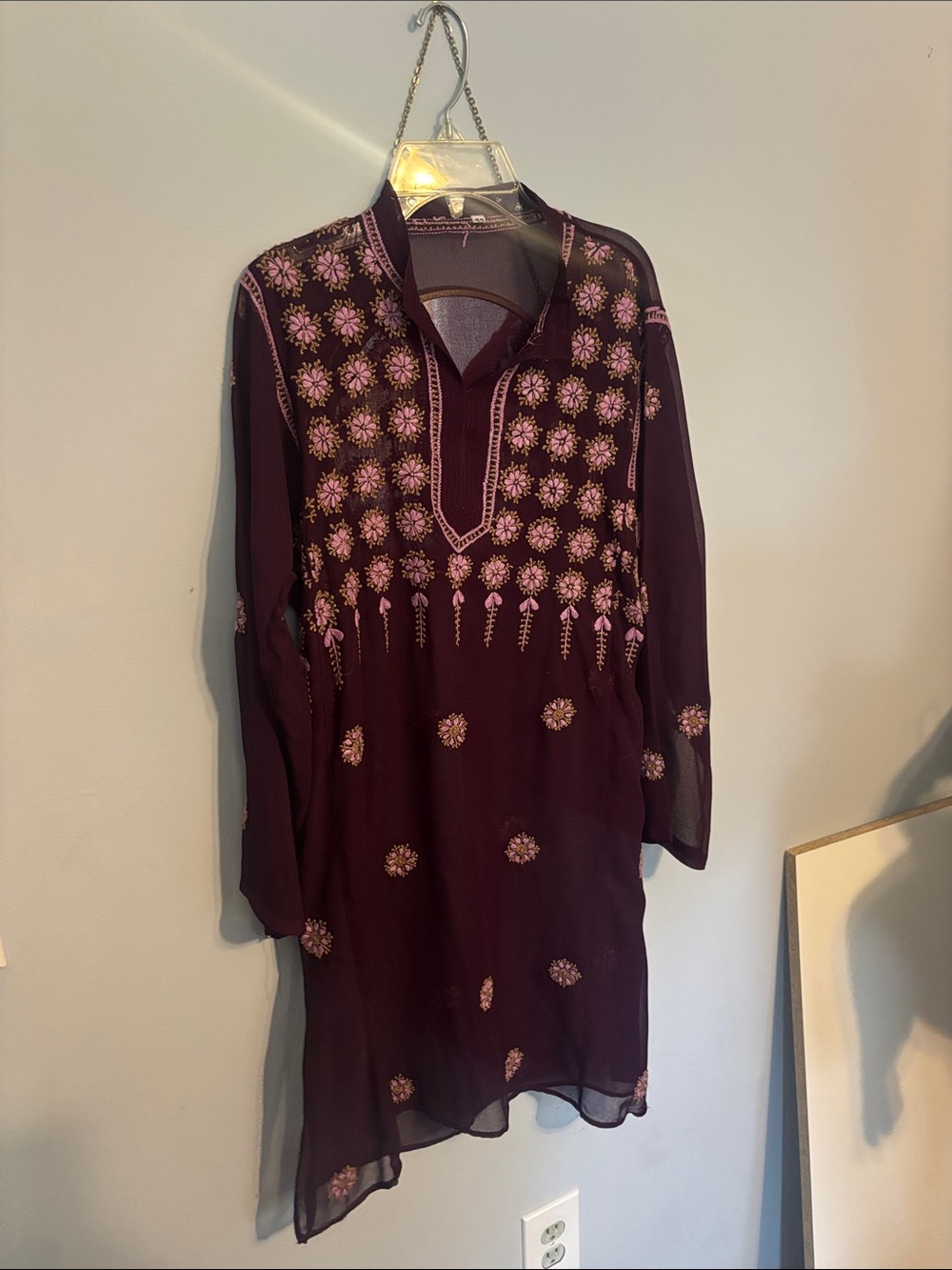 Embroidered Plum Tunic Dress with Pink Floral Accents